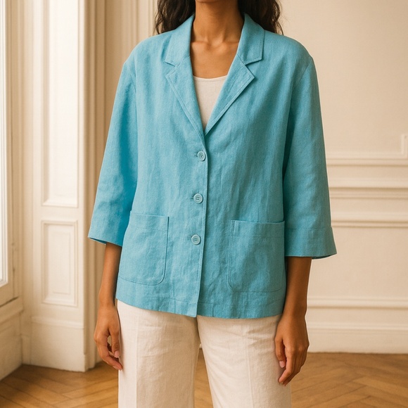 Eileen Fisher %100 Linen Light Blue Blazer - Picture 1 of 9